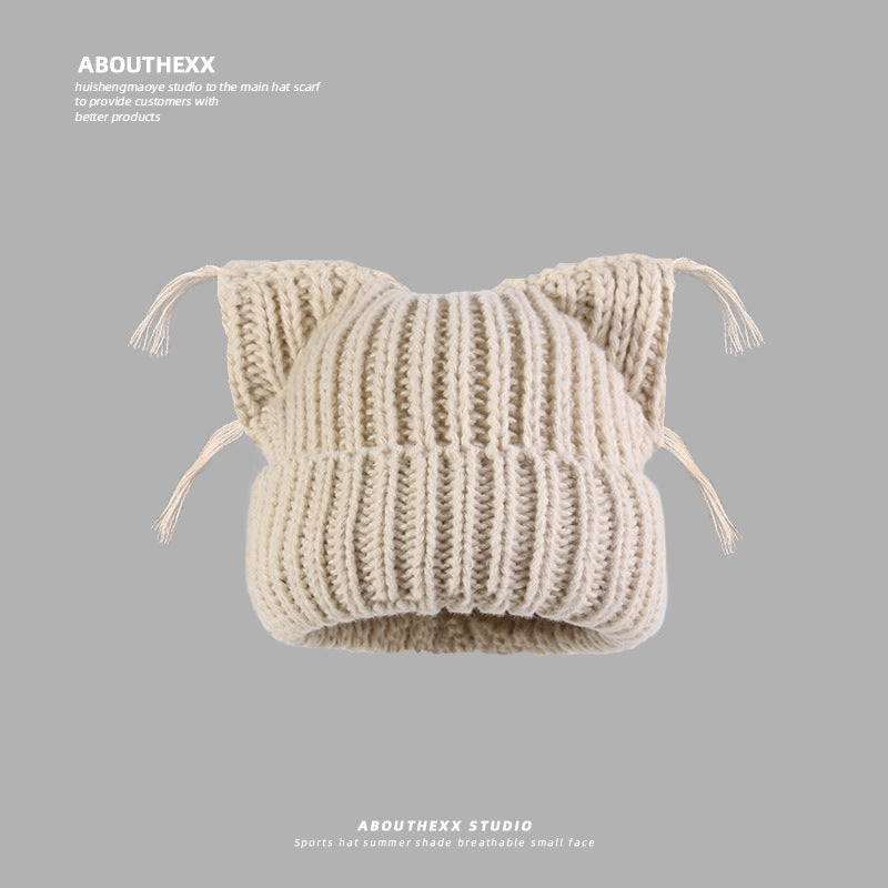 Same Style as Stars2025Winter Essential Cat Ear Tassel Hat for Women, Thickened Warm Knitted Hat, Fashionable Versatile Autumn Winter Cute Quality Style