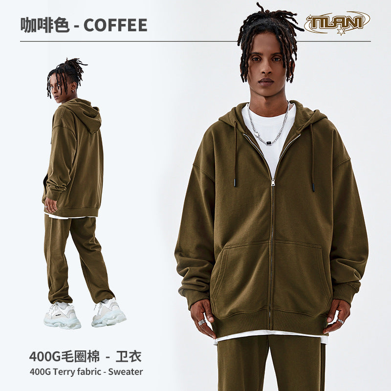 TILANI Men's Fashion Brand Dopamine400G Zipper Jacket Solid Color Unisex Cardigan Hooded Sweatshirt