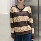 "Library Crush" Oversized Cable Knit - Preppy Striped Pullover