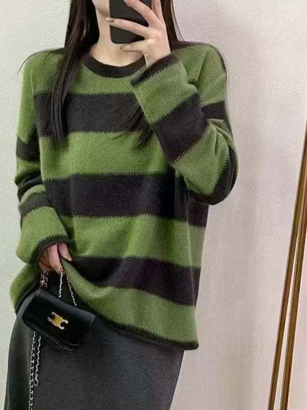 High-Quality Wool Fleece Feel Color-Block Crew Neck Sweater Loose Knitwear Wool Sweater for Women Australian Green