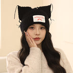 Korean Style Sweet Cute Cat Ear Knitted Hat for Women, Autumn and Winter Warm Ear Protection with Letter Patch, Versatile Knit Hat