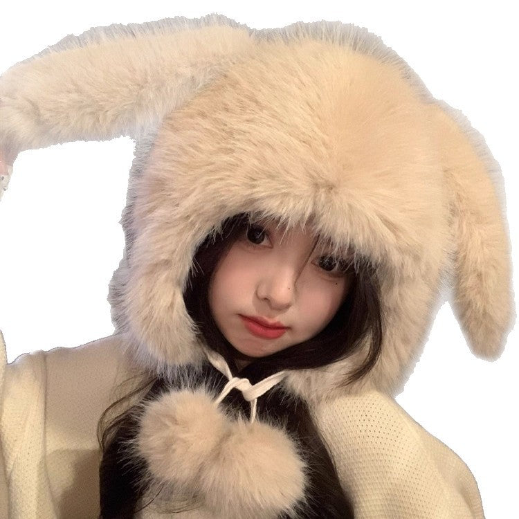 Cute Rabbit Lei Feng Hat with Ears, Plush Hat for Women, Winter Fox Fur Thickened Warmth, Cold Protection, Ear Protection, Head Wrap Hat for Women