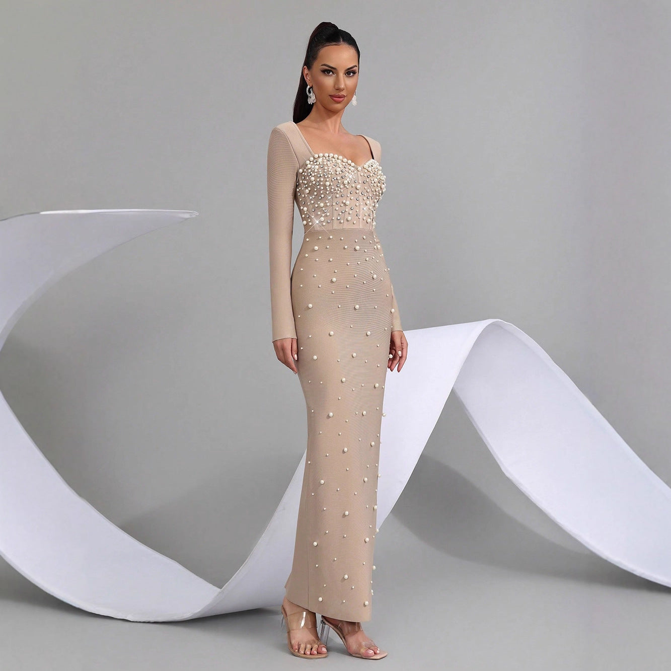 Star Custom Autumn New Beaded Diamond Tight Luxury Long Dress Bandage Dress Women Long Sleeve Elegant Evening Party Gown
