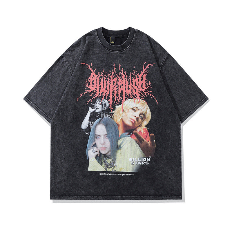 Celebrity Style American Retro Billie Singer Character Print Short Sleeve T Men's and Women's Street Style Short Sleeve T-Shirt