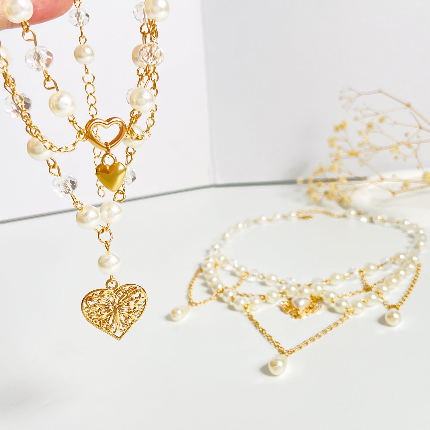 Celebrity Style Jewelry Niche Design Hot Girl Imitation Pearl Tassel Heart Cross Butterfly Versatile Necklace for Women