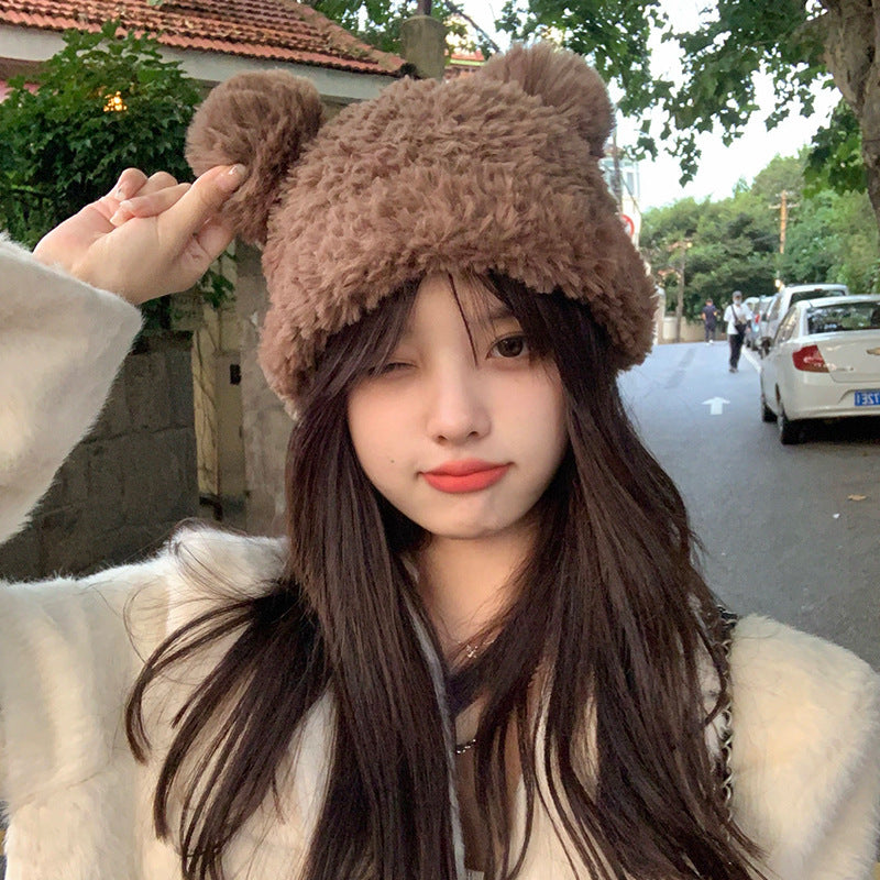Korean Sweet Cute Bear Plush Knitted Hat for Women, Thickened and Warm for Autumn and Winter, Face-Slimming Beanie
