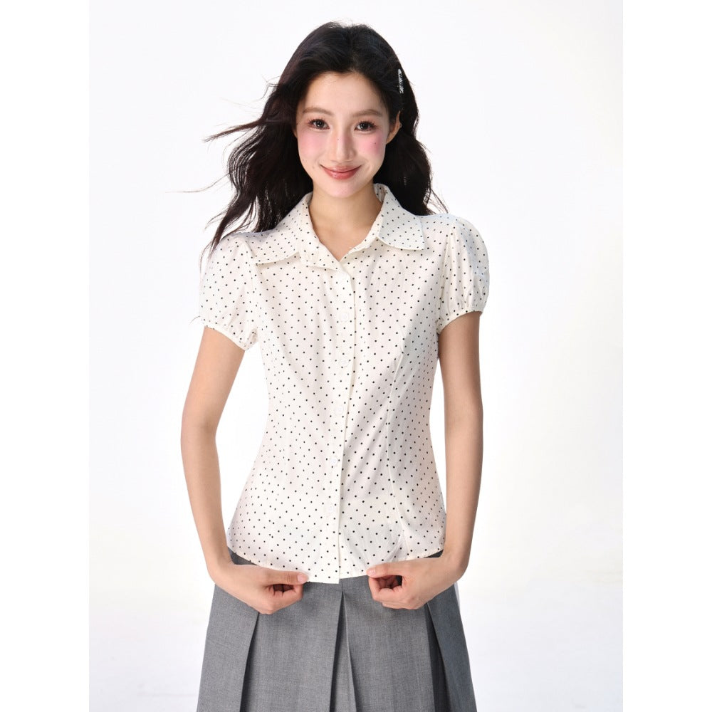 Star Custom Polka Dot Elastic Cuff Turn-Down Collar Shirt for Women Summer Slim Fit Sweet Design Short Sleeve Shirt