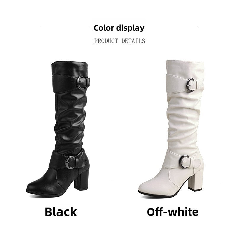 33-52Plus Size Autumn Winter Women's Boots with Belt Buckle, Thick High Heel, Knee-High Long Boots H776