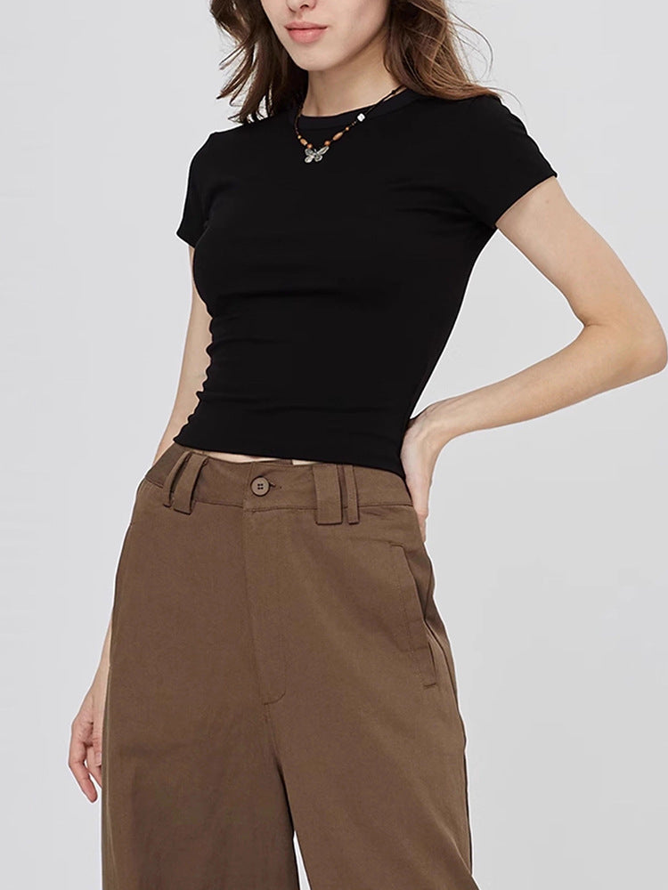 Custom Celebrity Straight Shoulder SKIMS Skin-friendly Kendall Jenner Style Short Sleeve t Women's Summer American Style Pure Desire Slim Fit Versatile Short Top