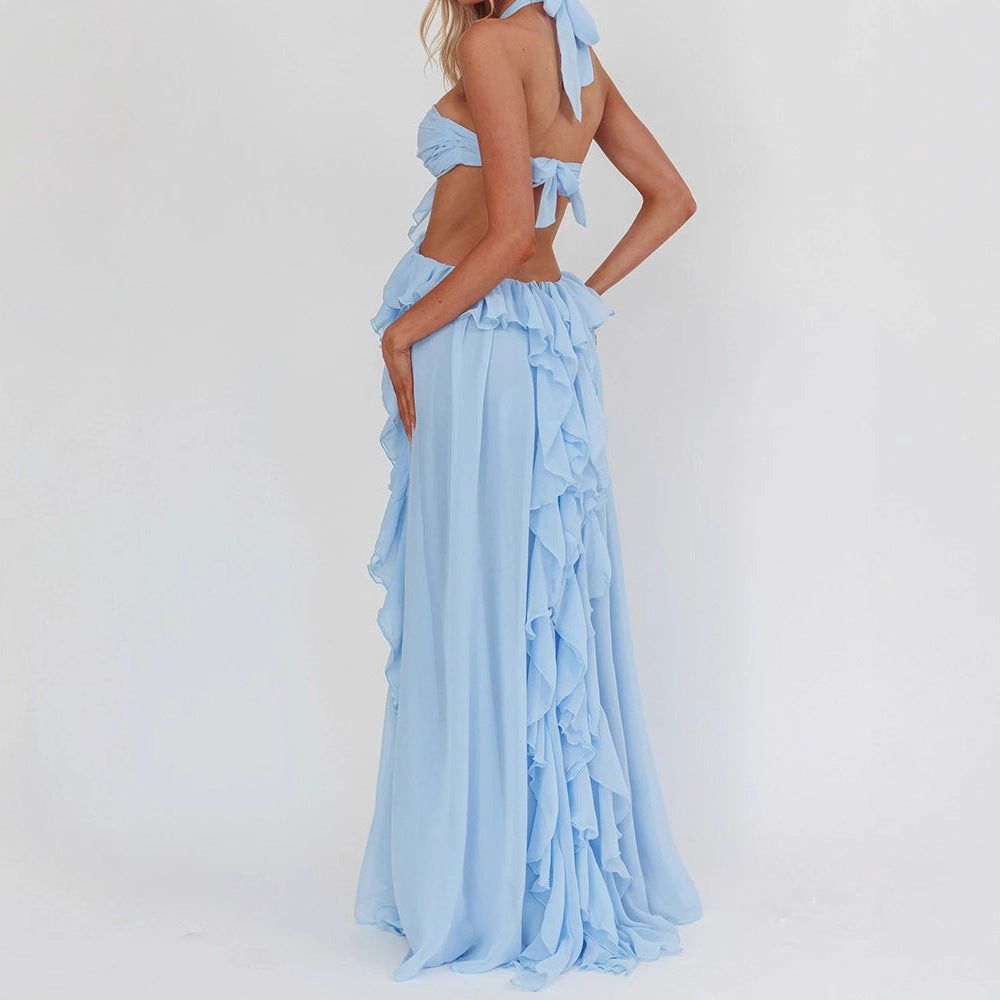 Spring and Summer New Sexy Lace-Up Strapless Backless Lace-Up Ruffle Long Dress Women's Fashion