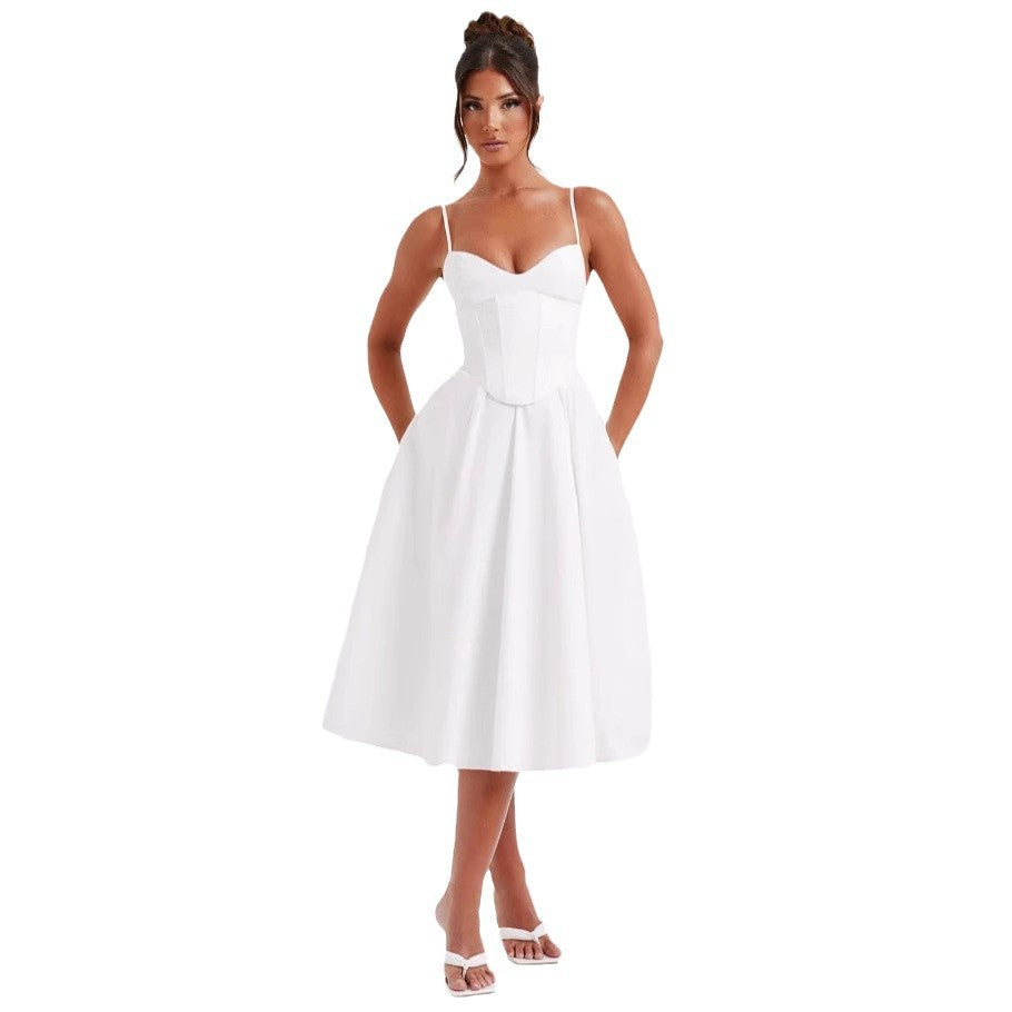 French Retro Solid Color Sleeveless Fishbone Dress2024Winter New Fresh and Elegant V Collared Waist-Cinching Mid-Length Skirt