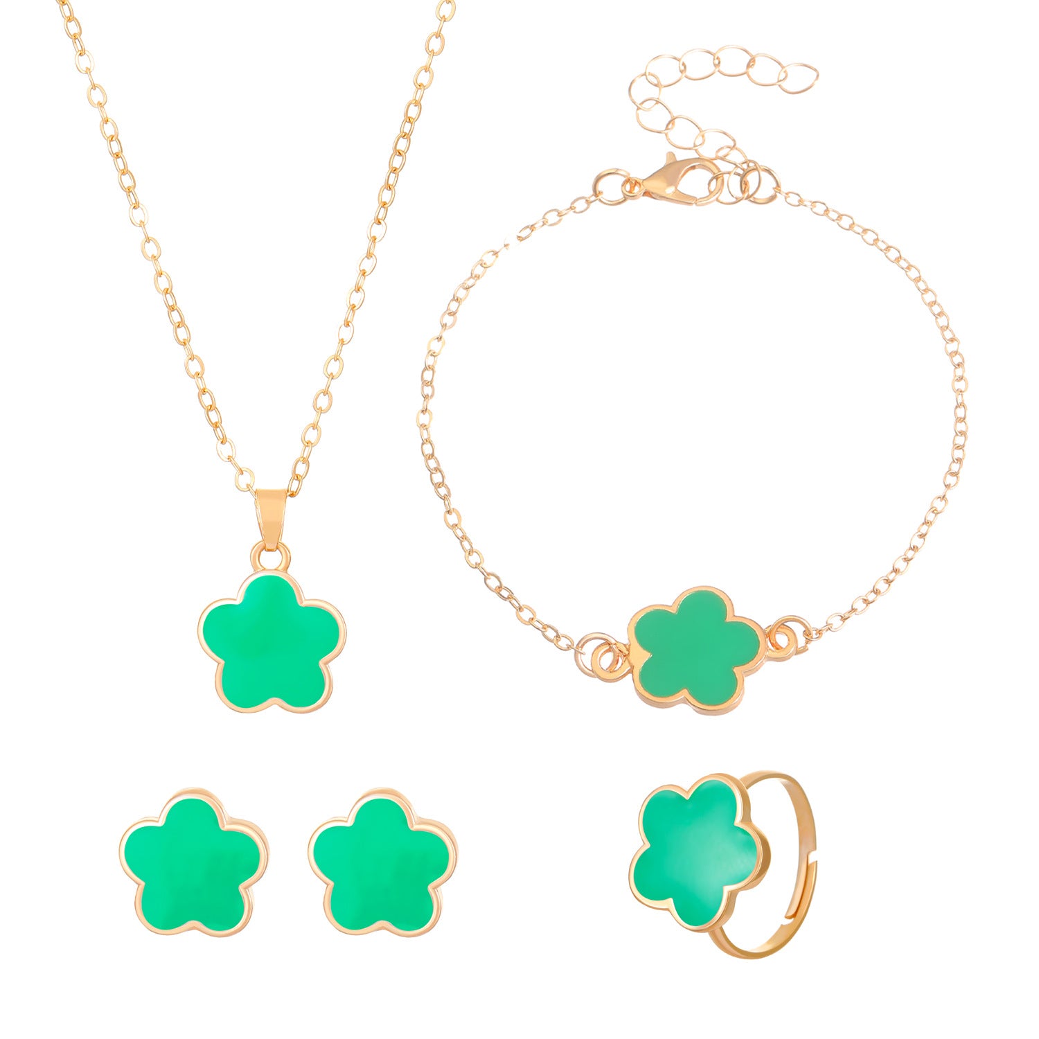 Same Style as Stars2025New Five-leaf Clover Jewelry Set for Women Simple Petal Necklace Five-leaf Flower Bracelet Ring Earrings4Set shipped together for safety