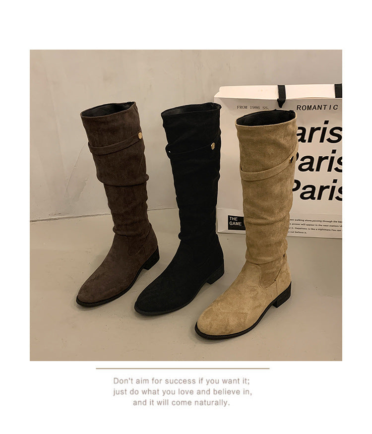 Over-the-Knee Khaki Slouch Boots High Tube Riding Boots Women's Shoes New Autumn Winter Pleated Slimming Long Boots