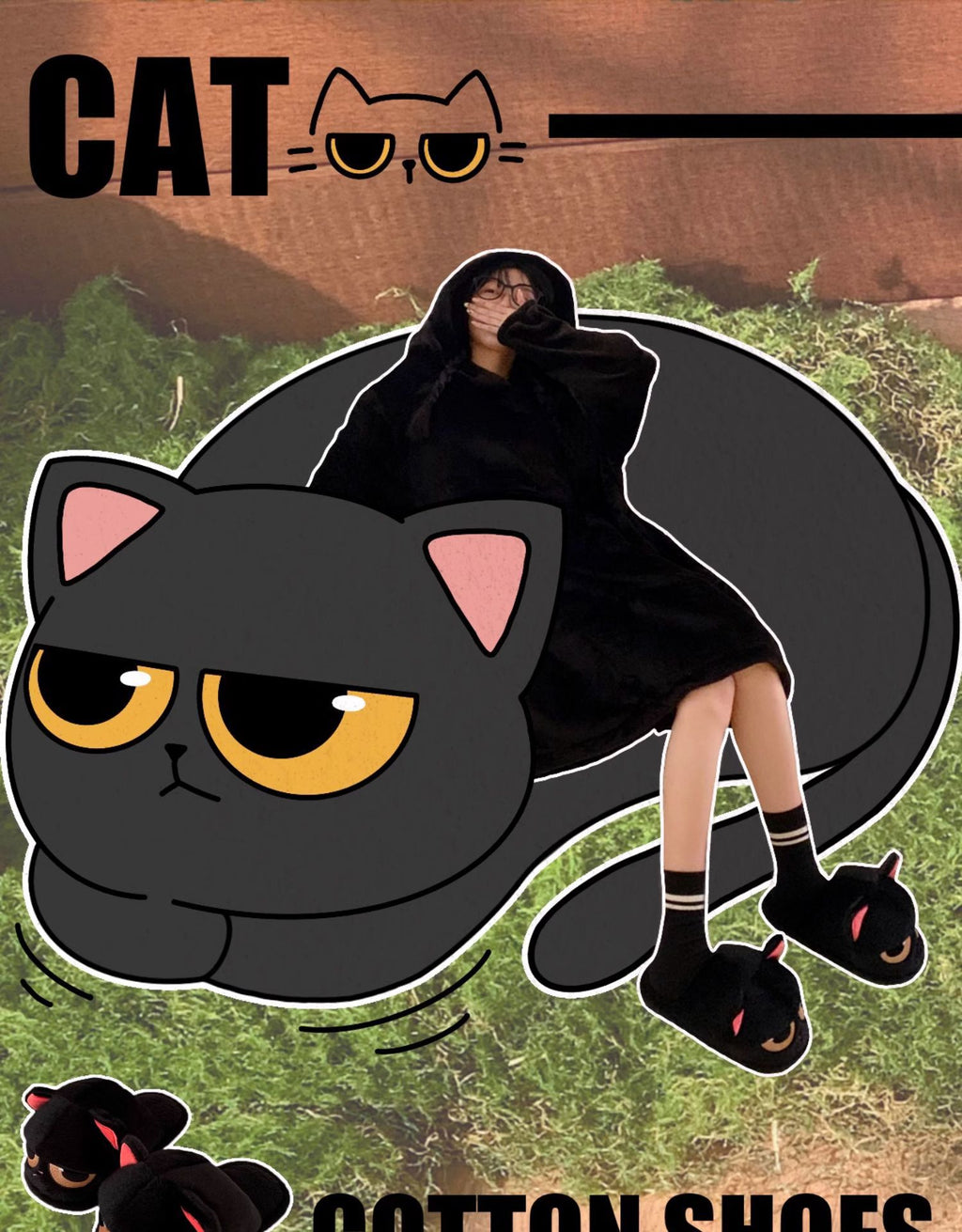 "Mood" Grumpy Cat Plush Slippers - Kawaii Gamer Girl Essential