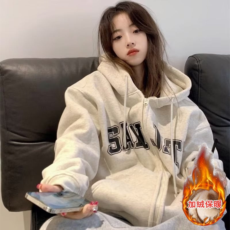 Fleece-Lined Cardigan Hooded Sweatshirt for Women, New Loose Casual Lazy Style for Autumn and Winter, Versatile Outerwear