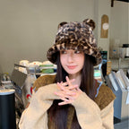 New Korean Style Casual Hat for Women Winter Cute Leopard Print Plush Fisherman Hat Korean Style Warm Versatile Student Bucket Hat
