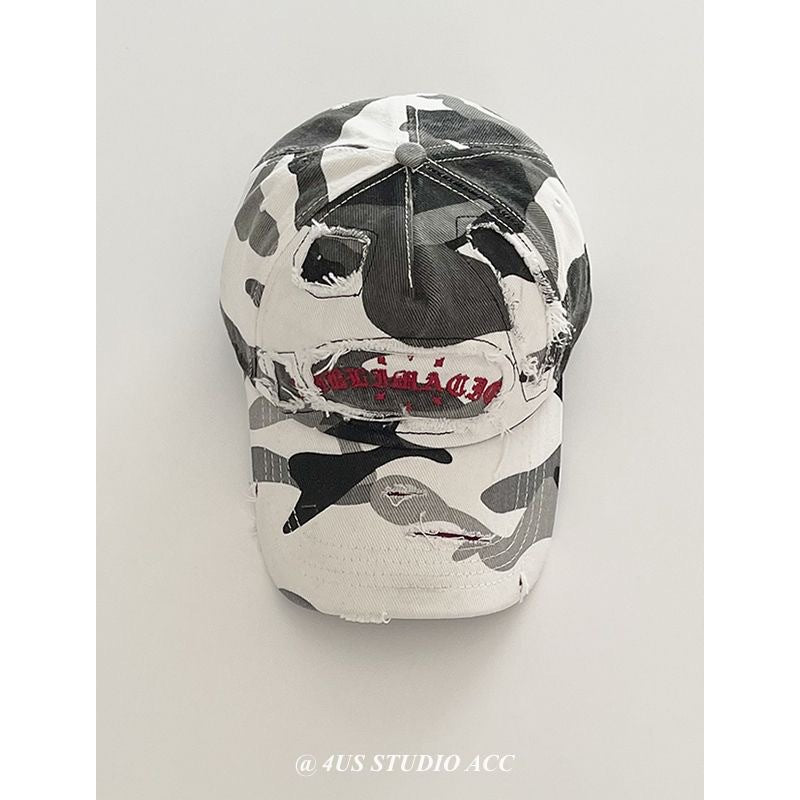 Celebrity Style Spring Summer New American Retro Distressed Camouflage Letter Baseball Cap for Women, Face Slimming Hat, Large Head Circumference Duckbill Cap