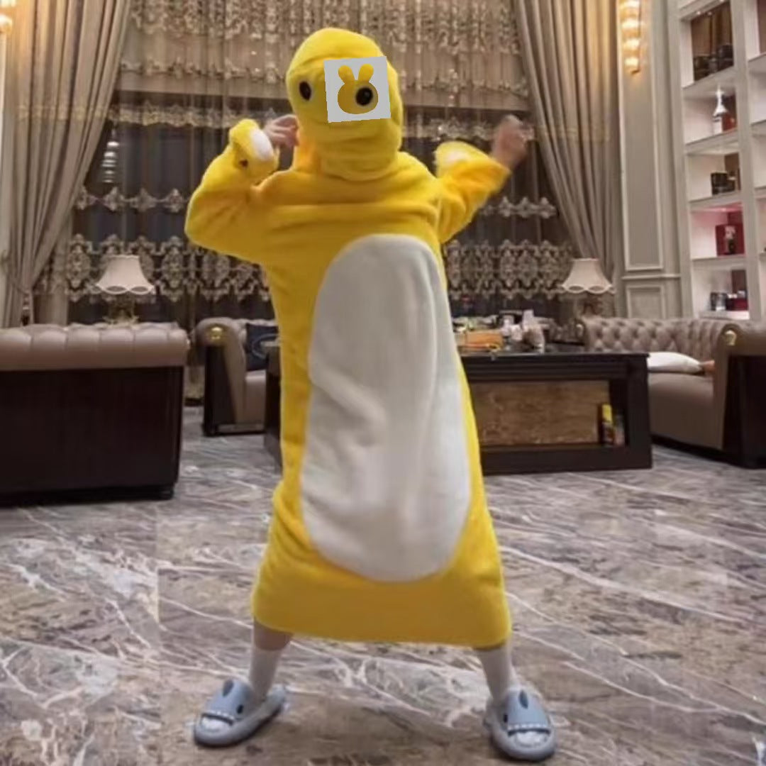 Autumn Winter Little Yellow Chicken One-Piece Pajamas Funny Cute Coral Fleece Couple Robe Unisex Homewear