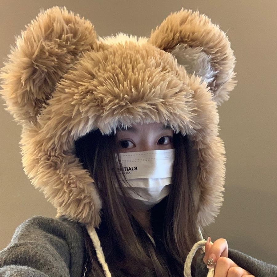 Women's Hat2024New Fluffy Cute Bear Thickened Warm Hat for Autumn and Winter, Big Head Circumference, Face Slimming Pullover Hat