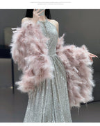 French-style Halter Neck Toasting Dress for Bride2025New Light Luxury Elegant Pink Feather Shawl Sequin Evening Dress