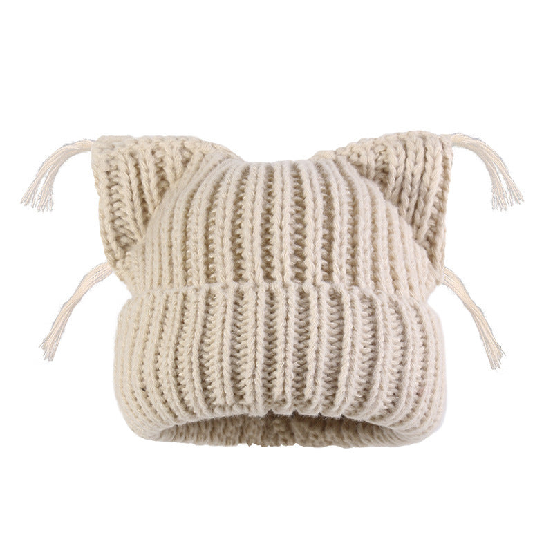 Same Style as Stars2025Winter Essential Cat Ear Tassel Hat for Women, Thickened Warm Knitted Hat, Fashionable Versatile Autumn Winter Cute Quality Style