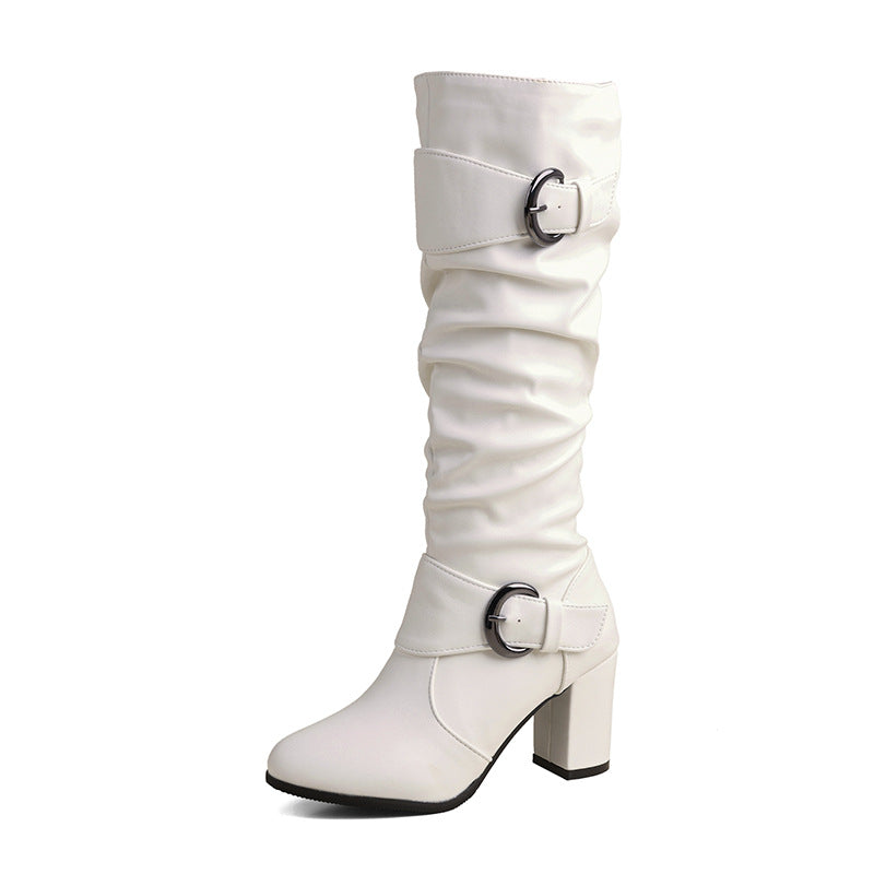 33-52Plus Size Autumn Winter Women's Boots with Belt Buckle, Thick High Heel, Knee-High Long Boots H776