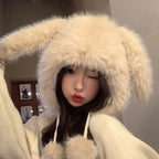Cute Rabbit Lei Feng Hat with Ears, Plush Hat for Women, Winter Fox Fur Thickened Warmth, Cold Protection, Ear Protection, Head Wrap Hat for Women