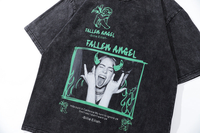 Celebrity Style American Retro Billie Singer Character Print Short Sleeve T Men's and Women's Street Style Short Sleeve T-Shirt