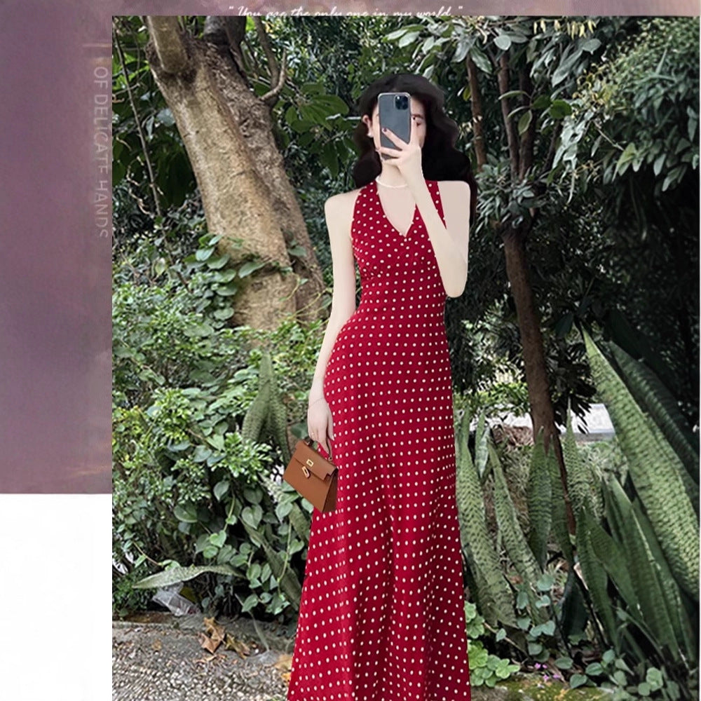 Star Custom Celebrity Design2025Spring and Summer French Retro Sweetheart V Red Polka Dot Halter Neck Dress for Women, Backless Tie Strap Vest Long Dress