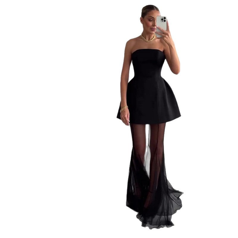 Women's New Style Strapless Elegant Waist-Cinching Mesh Black Skirt Set