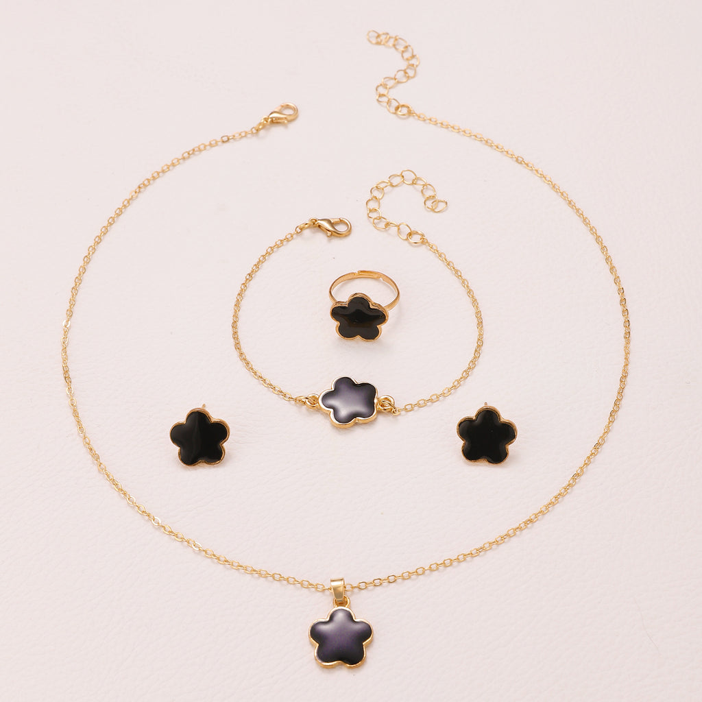 Same Style as Stars2025New Five-leaf Clover Jewelry Set for Women Simple Petal Necklace Five-leaf Flower Bracelet Ring Earrings4Set shipped together for safety