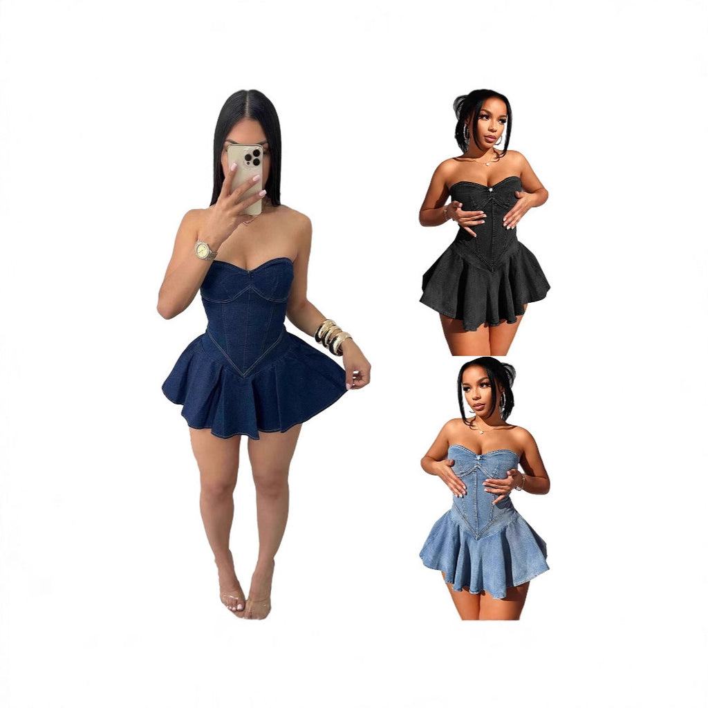 D8699Women's Fashion Sleeveless Tube Top Denim Sexy Hot Girl A Word mini Dress