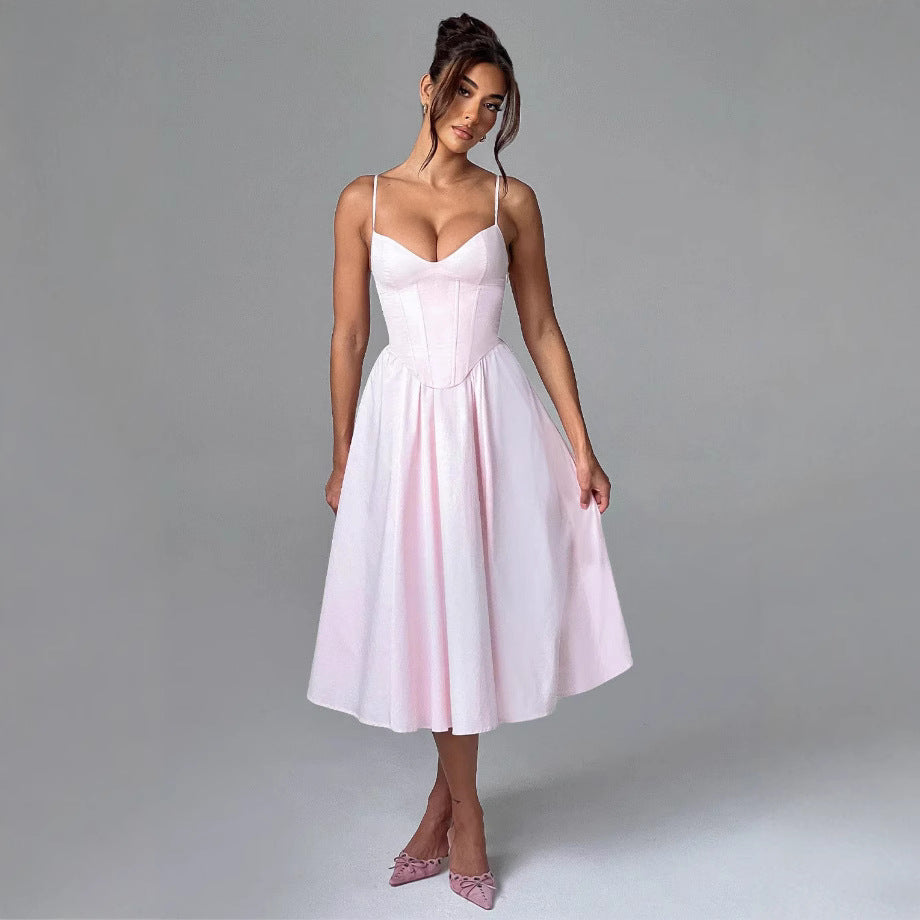 French Retro Solid Color Sleeveless Fishbone Dress2024Winter New Fresh and Elegant V Collared Waist-Cinching Mid-Length Skirt