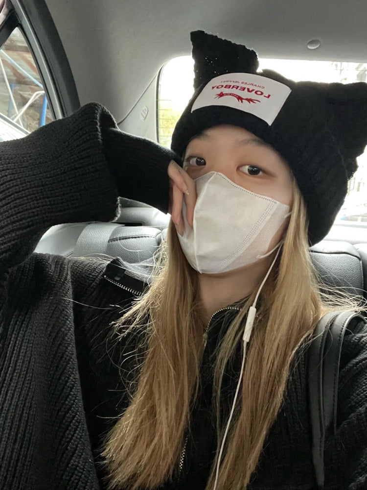 Winter Hat for Women Korean Style Knitted Cat Ear Hip-Hop Beanie Personalized Letter Warm Pullover Hat Internet Celebrity Same Style