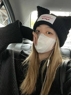 Winter Hat for Women Korean Style Knitted Cat Ear Hip-Hop Beanie Personalized Letter Warm Pullover Hat Internet Celebrity Same Style