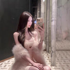 DFAY Halter Neck Knitted Dress Two-tone Lace Hollow Sexy Elegant Slim Fit Inner Dress for Women Autumn Winter