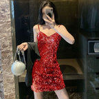Sequin Strap Dress Little Black Dress Nightclub Black Slimming Sexy Disco Women's Short Dress Party Gathering Dress