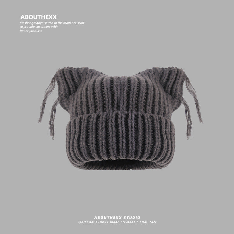 Same Style as Stars2025Winter Essential Cat Ear Tassel Hat for Women, Thickened Warm Knitted Hat, Fashionable Versatile Autumn Winter Cute Quality Style