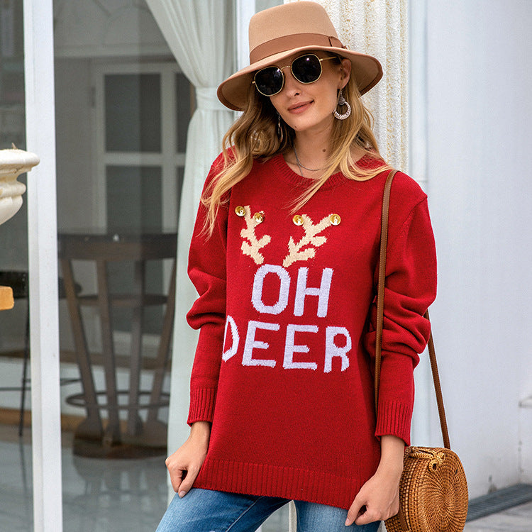Autumn Winter Women's Christmas Long Sleeve Pullover Sweater European American Knitted Letter Bell Round Neck Holiday Sweater Christmas Limited Edition