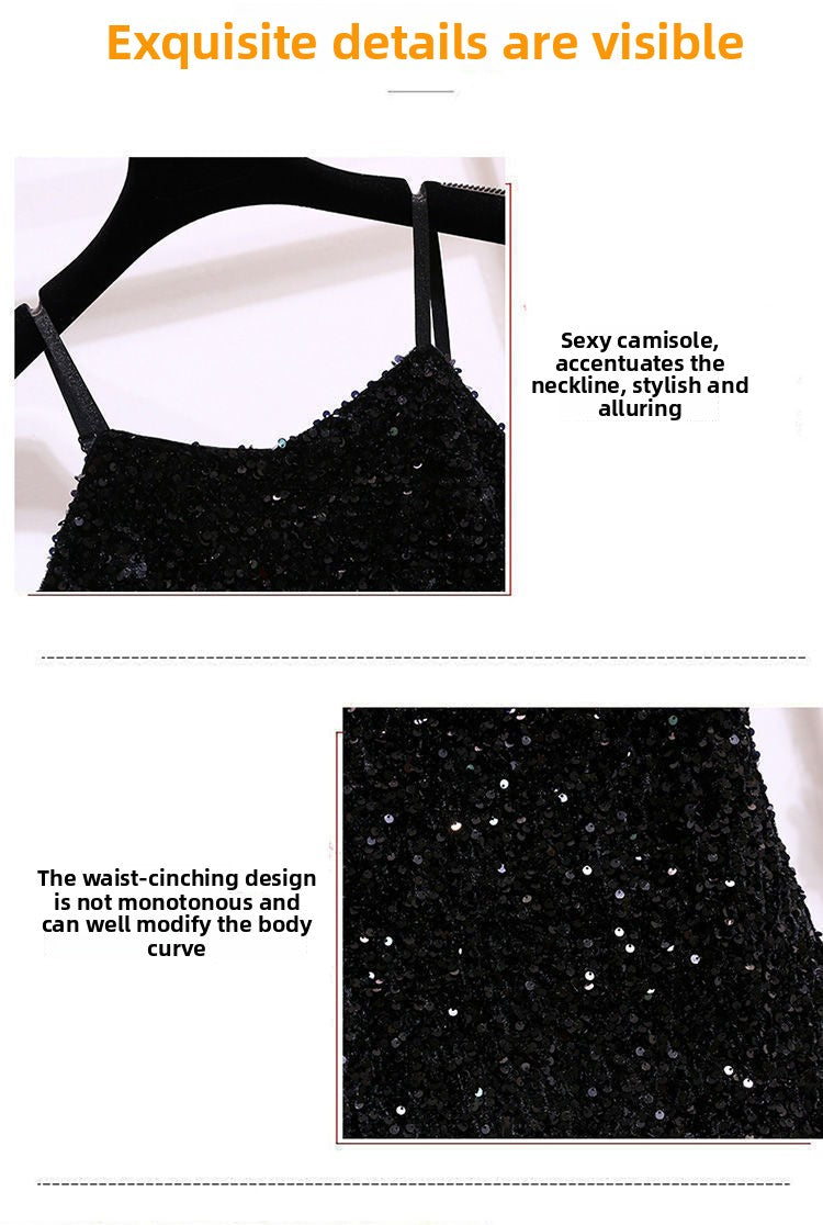 Sequin Strap Dress Little Black Dress Nightclub Black Slimming Sexy Disco Women's Short Dress Party Gathering Dress