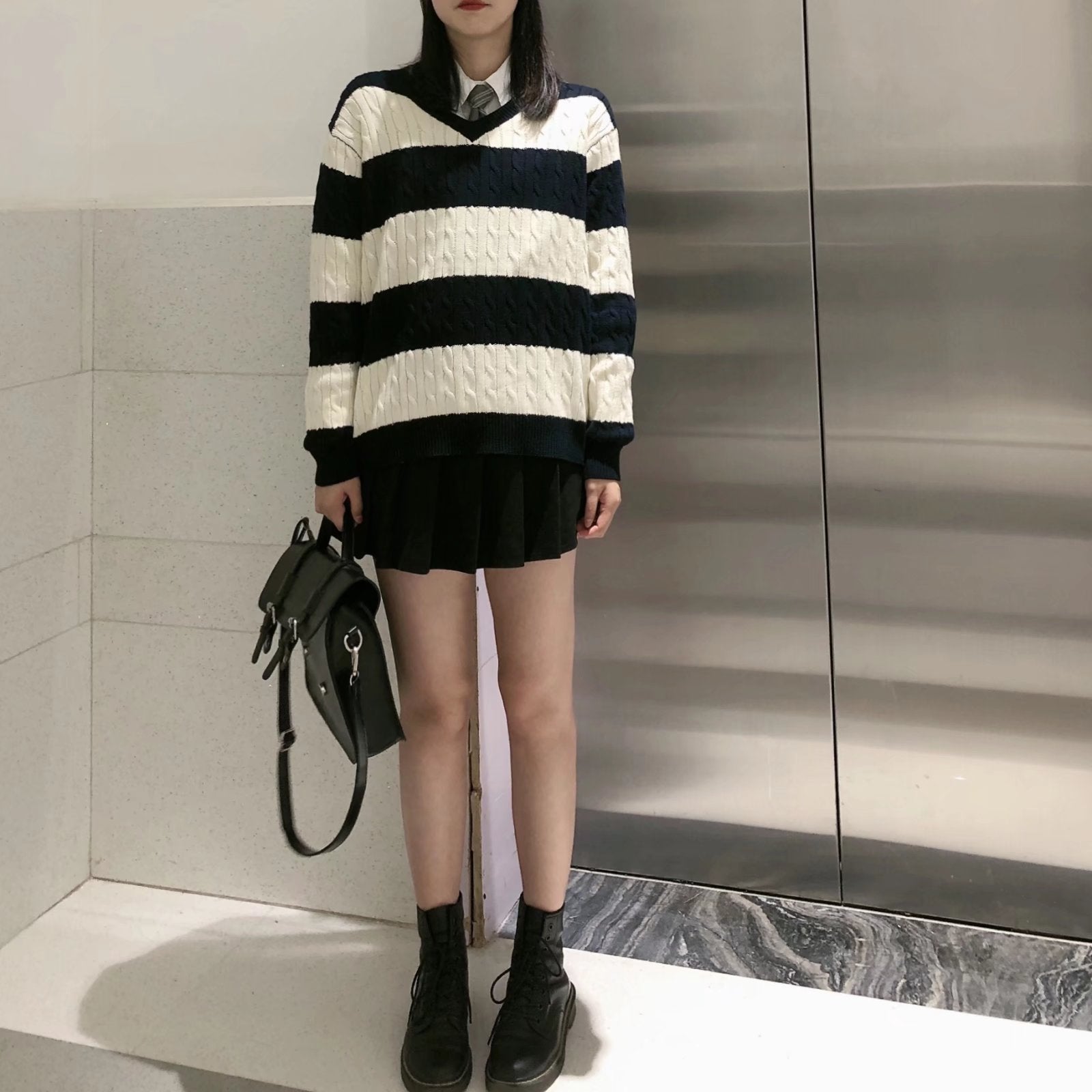 "Library Crush" Oversized Cable Knit - Preppy Striped Pullover