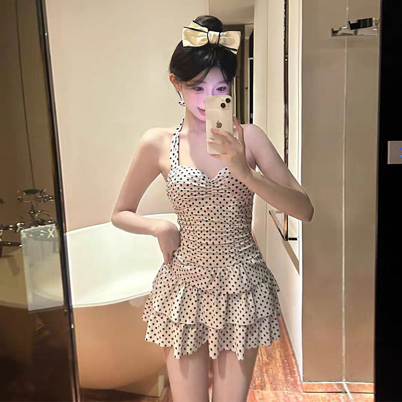 South Korea ins Vintage Classic Wave Balloon Cake Skirt Style Slimming One-Piece Swimsuit for Women with Small and Large Busts