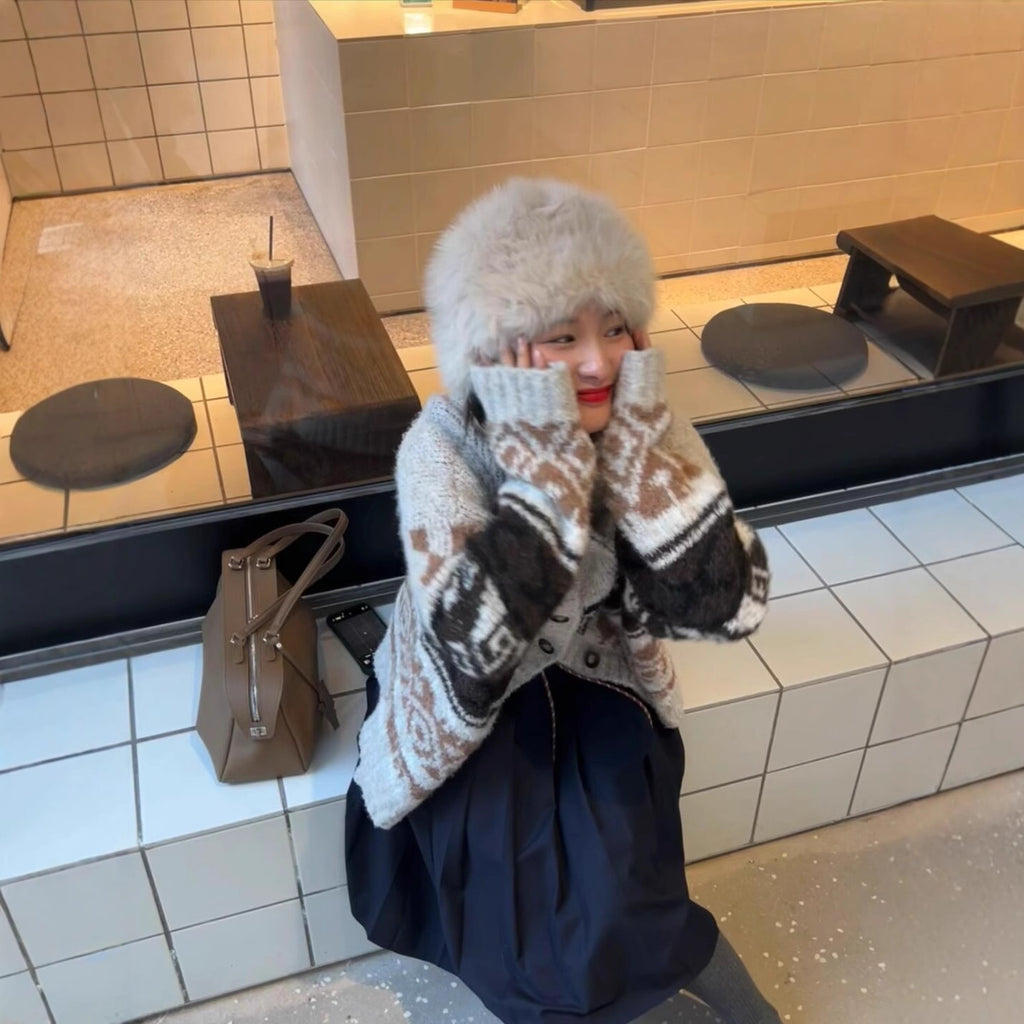 In Stock Korean Niche Trendy Brand Fair Isle Cardigan Coat for Women Loose Lazy Style High Neck Knitted Sweater