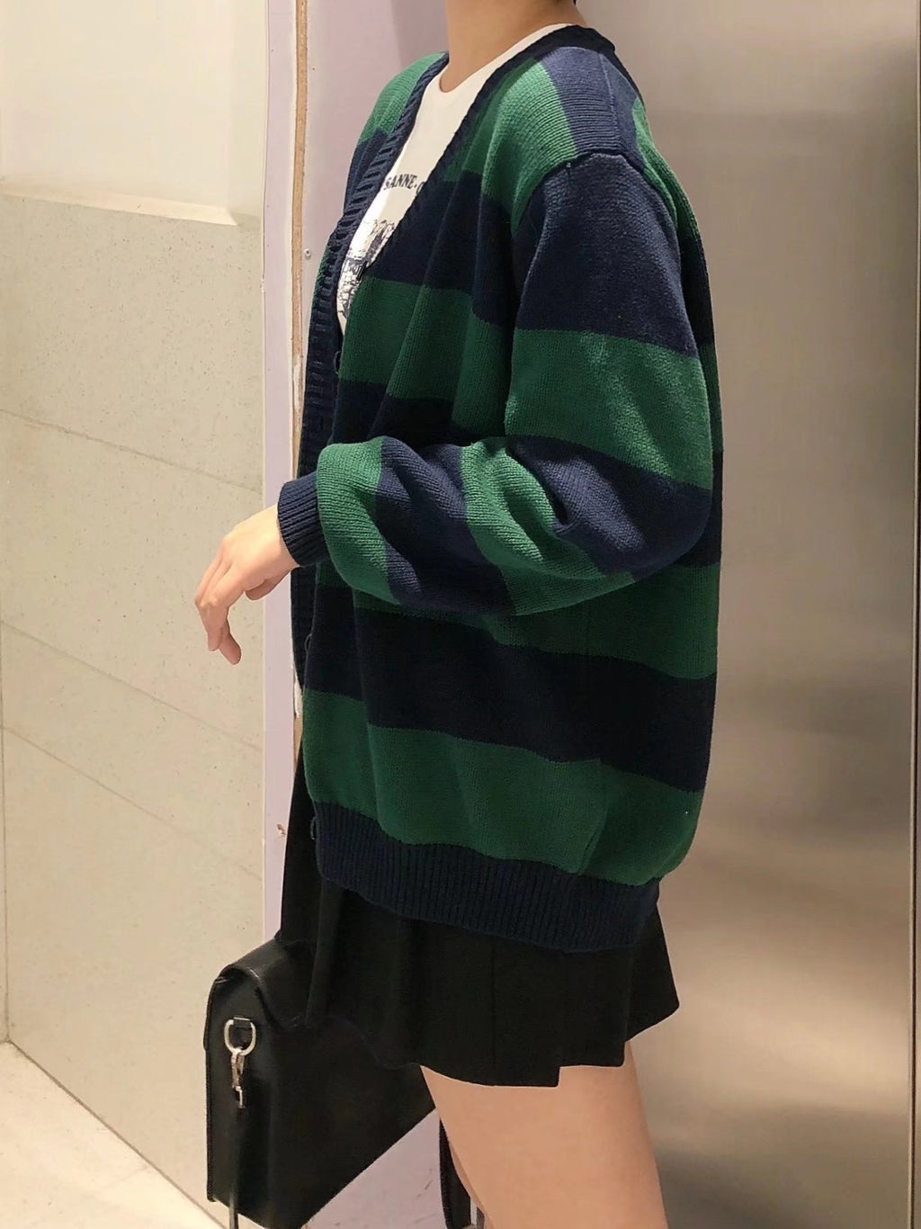 BM Style Retro College Style V-Neck Green Striped Loose BM Knitted Sweater Cardigan Coat for Women