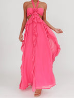 Spring and Summer New Sexy Lace-Up Strapless Backless Lace-Up Ruffle Long Dress Women's Fashion