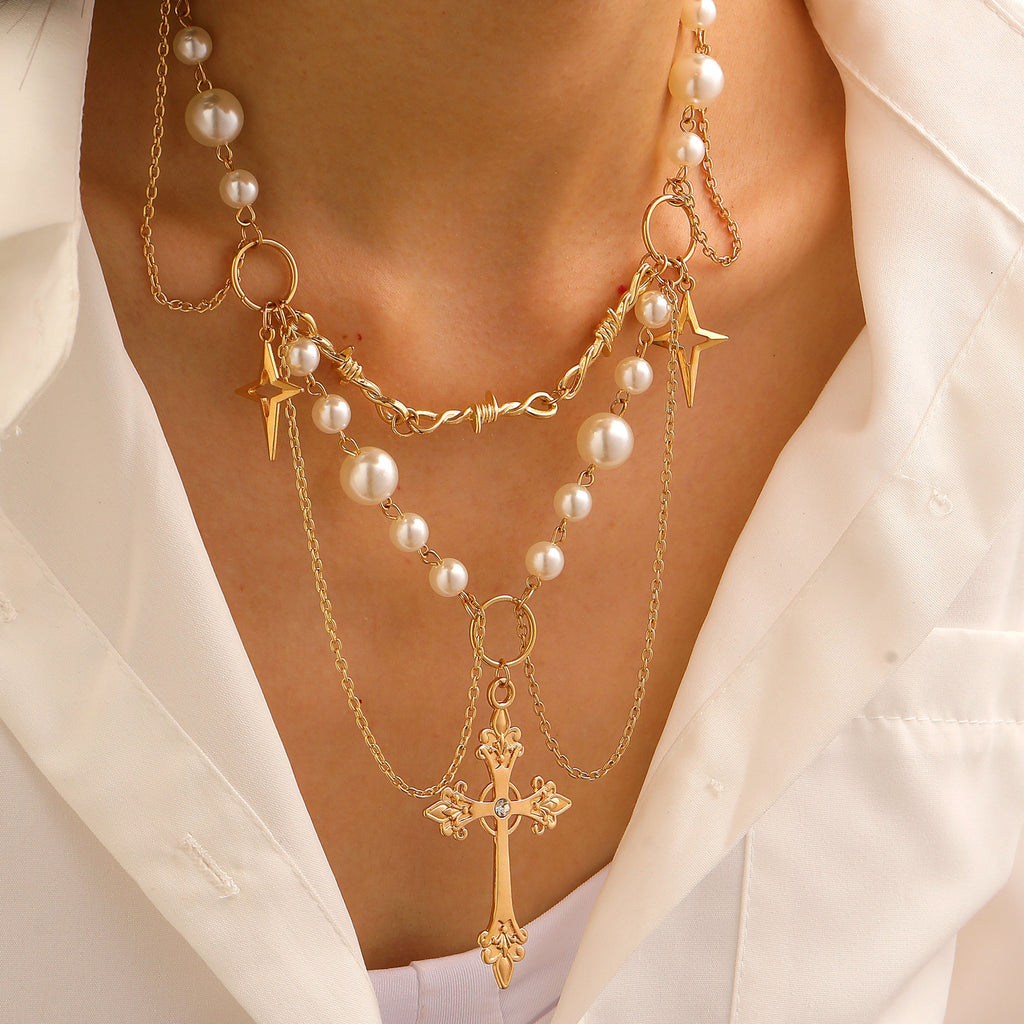 Celebrity Style Jewelry Niche Design Hot Girl Imitation Pearl Tassel Heart Cross Butterfly Versatile Necklace for Women