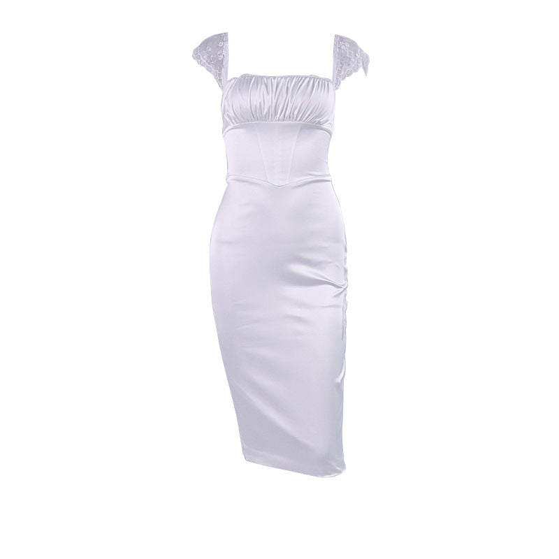 Square Neck Strap Dress Sexy Satin Lace Backless Hip-Mid Skirt Dress