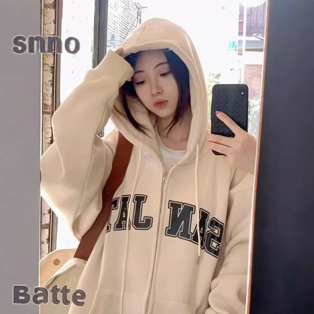 Fleece-Lined Cardigan Hooded Sweatshirt for Women, New Loose Casual Lazy Style for Autumn and Winter, Versatile Outerwear