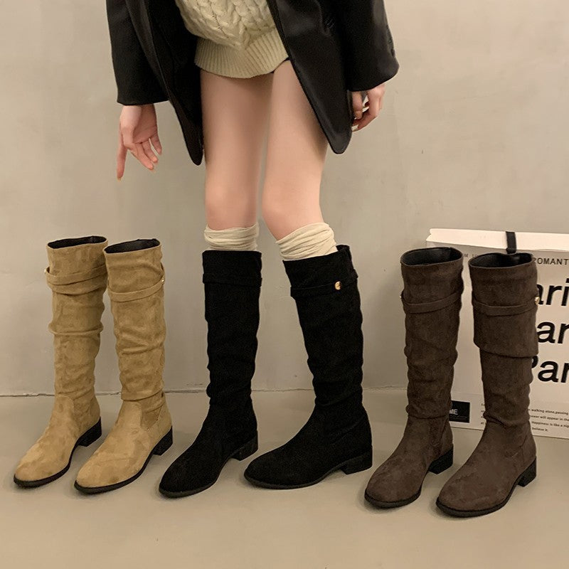 Over-the-Knee Khaki Slouch Boots High Tube Riding Boots Women's Shoes New Autumn Winter Pleated Slimming Long Boots