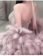 French-style Halter Neck Toasting Dress for Bride2025New Light Luxury Elegant Pink Feather Shawl Sequin Evening Dress